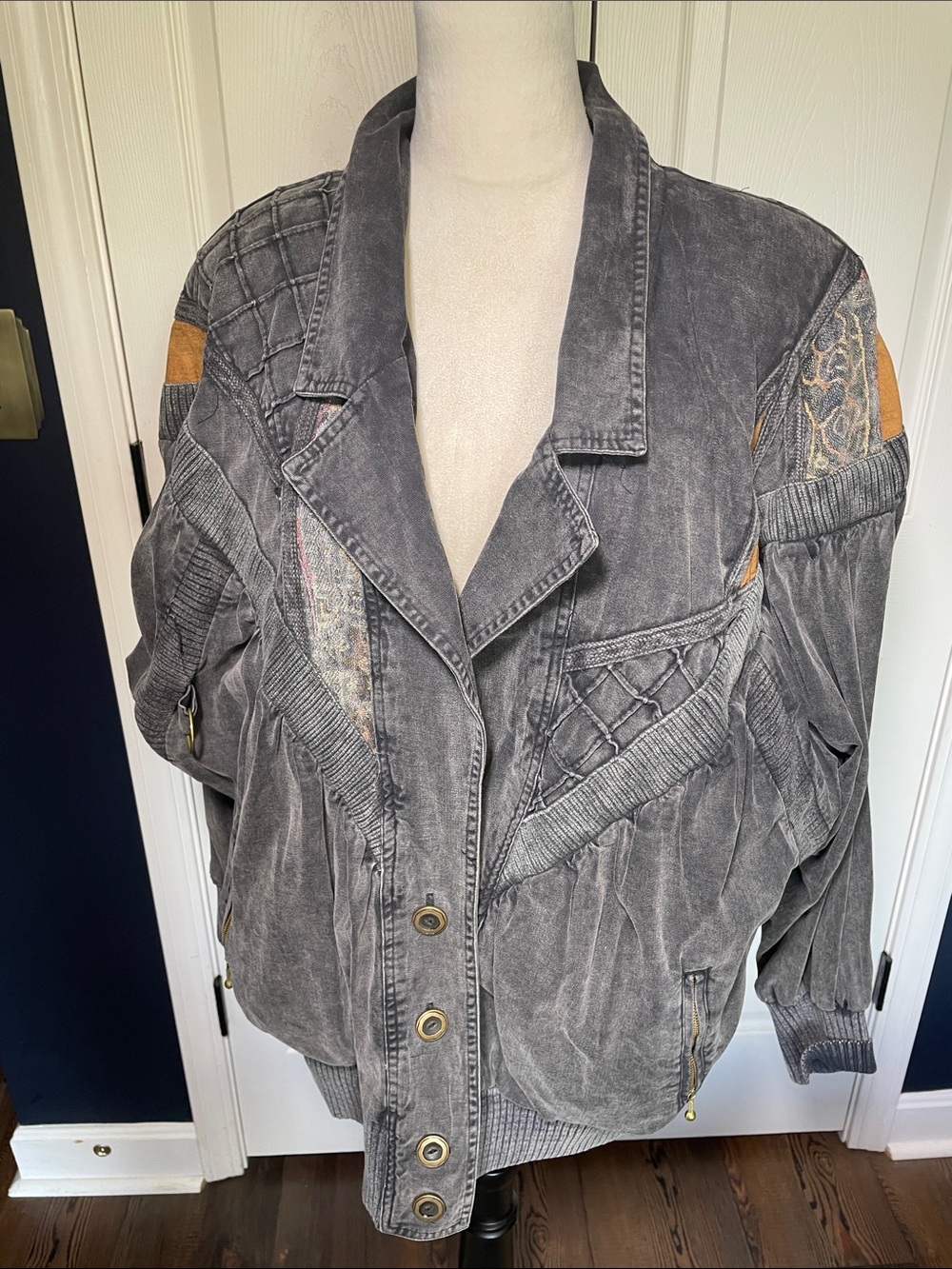Vtg 80s Marsha Sport LA Denim Jacket Oversized Patchwork Batwing Bomber Size M